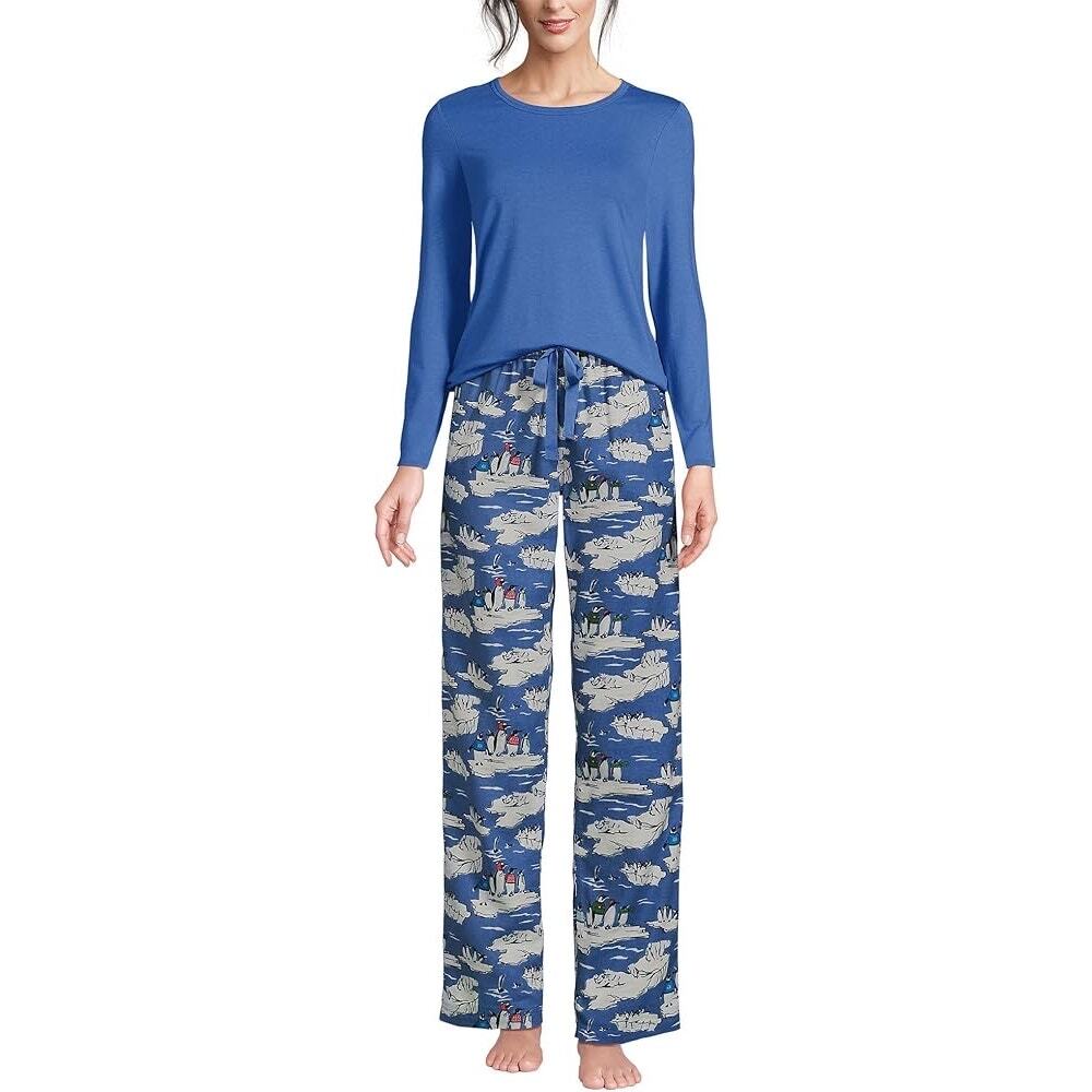 Lands'  End (Small/6-8) Cobalt Blue Penguins Matching Pajama Set Winter Holiday
